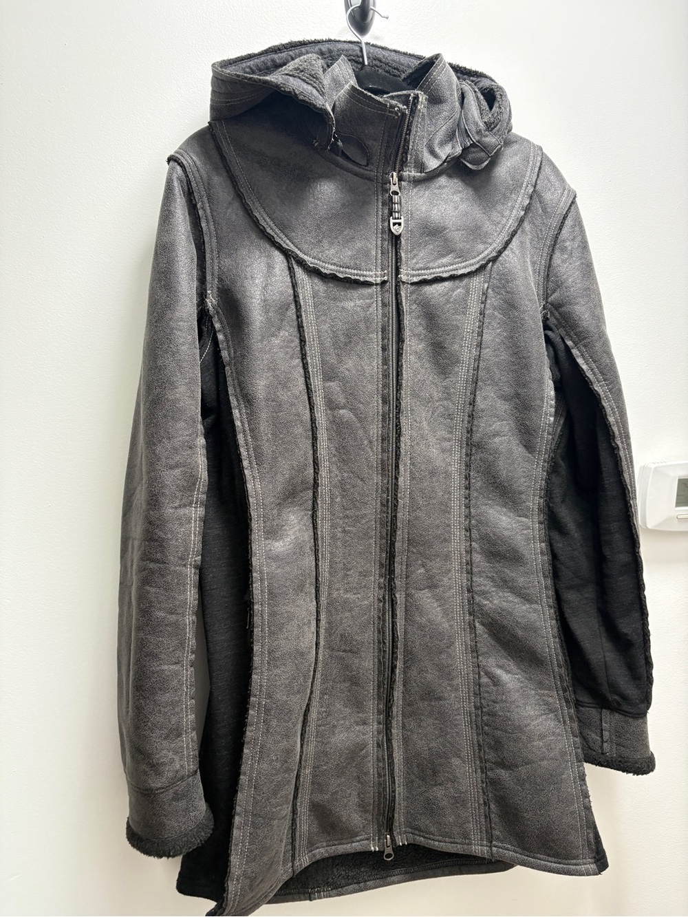 Kuhl Dani Sherpa Trench Gray Hooded Leather-Look Zip Jacket Cabincore Winter